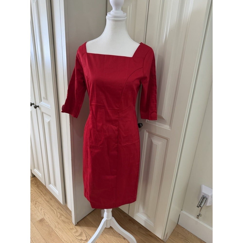 GLAM COUTURE Red Sheath Dress Square Neck 3/4 Sleeve Cocktail Workwear Mβ NWT
